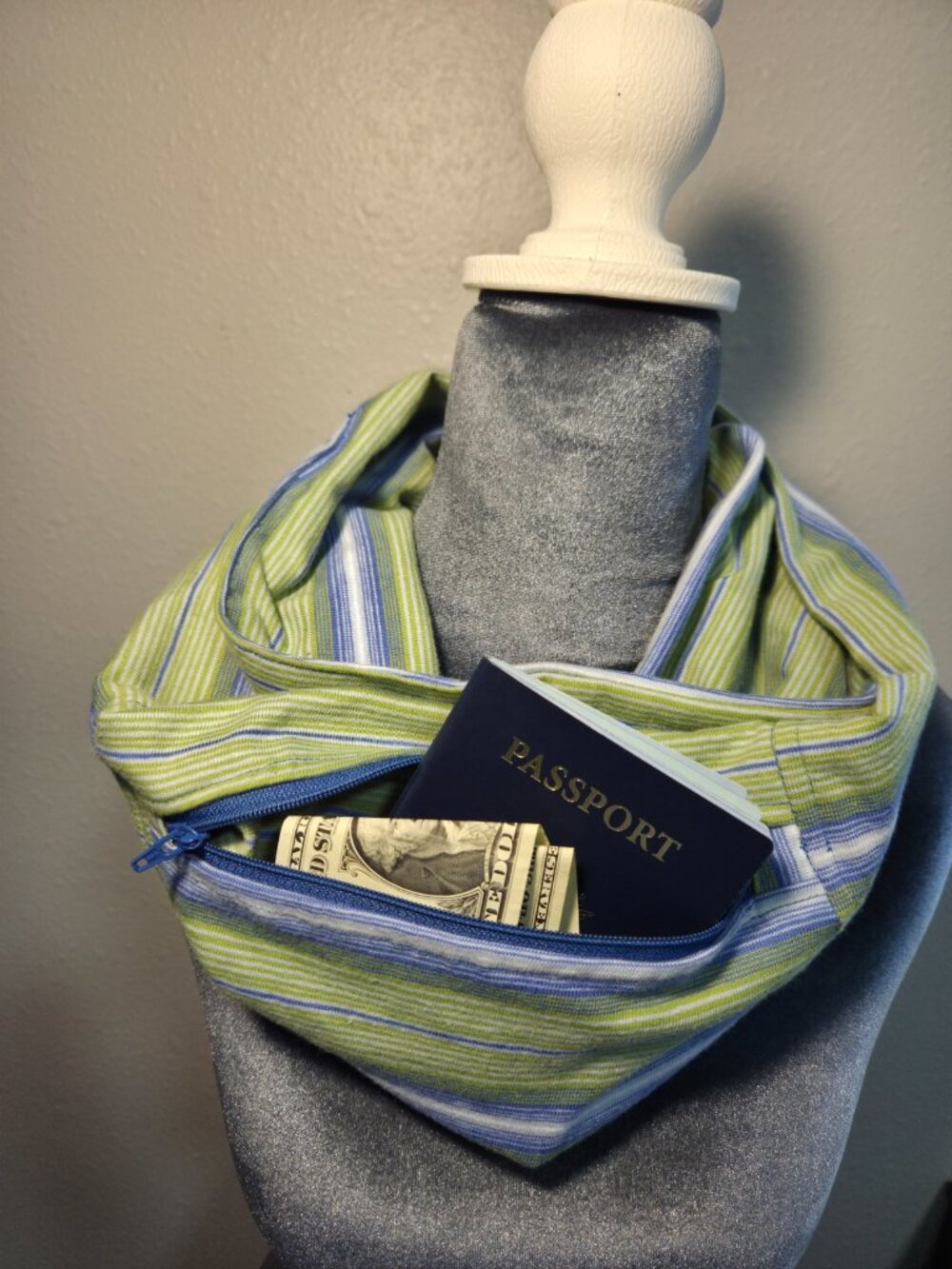 Handcrafted Knit Infinity Scarf with Hidden Pocket Blue Green Stripe